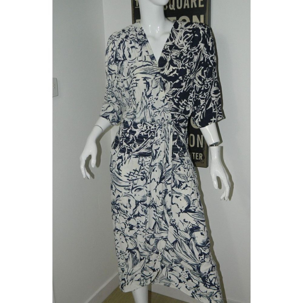 Barbara Barbara Dress Size Large Vintage Blue White 80s Party Faux‎ Wrap Dress